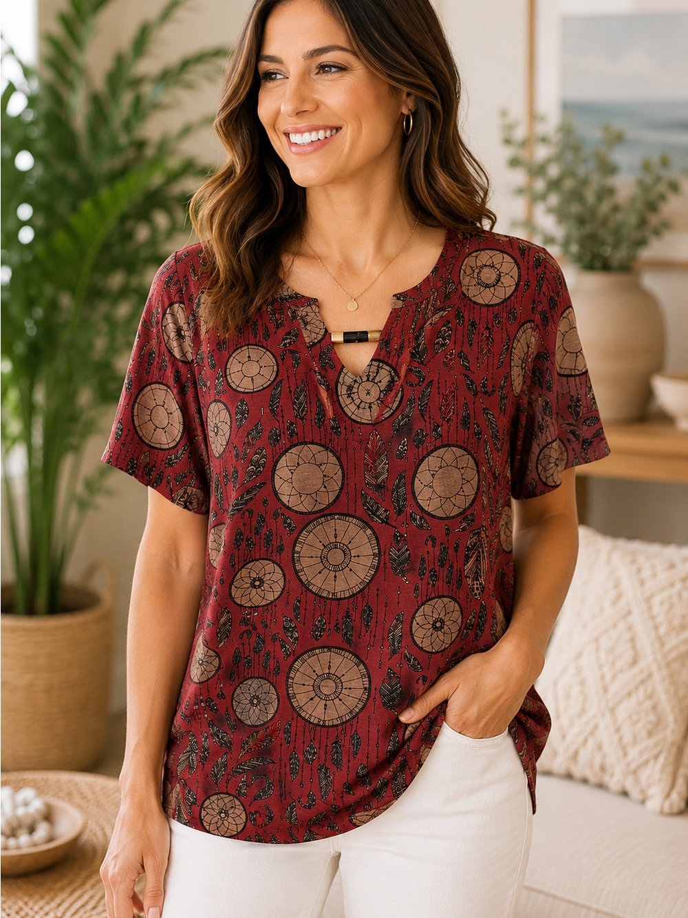 Women's Short Sleeve V-Neck Top in Burgundy with Dreamcatcher Print